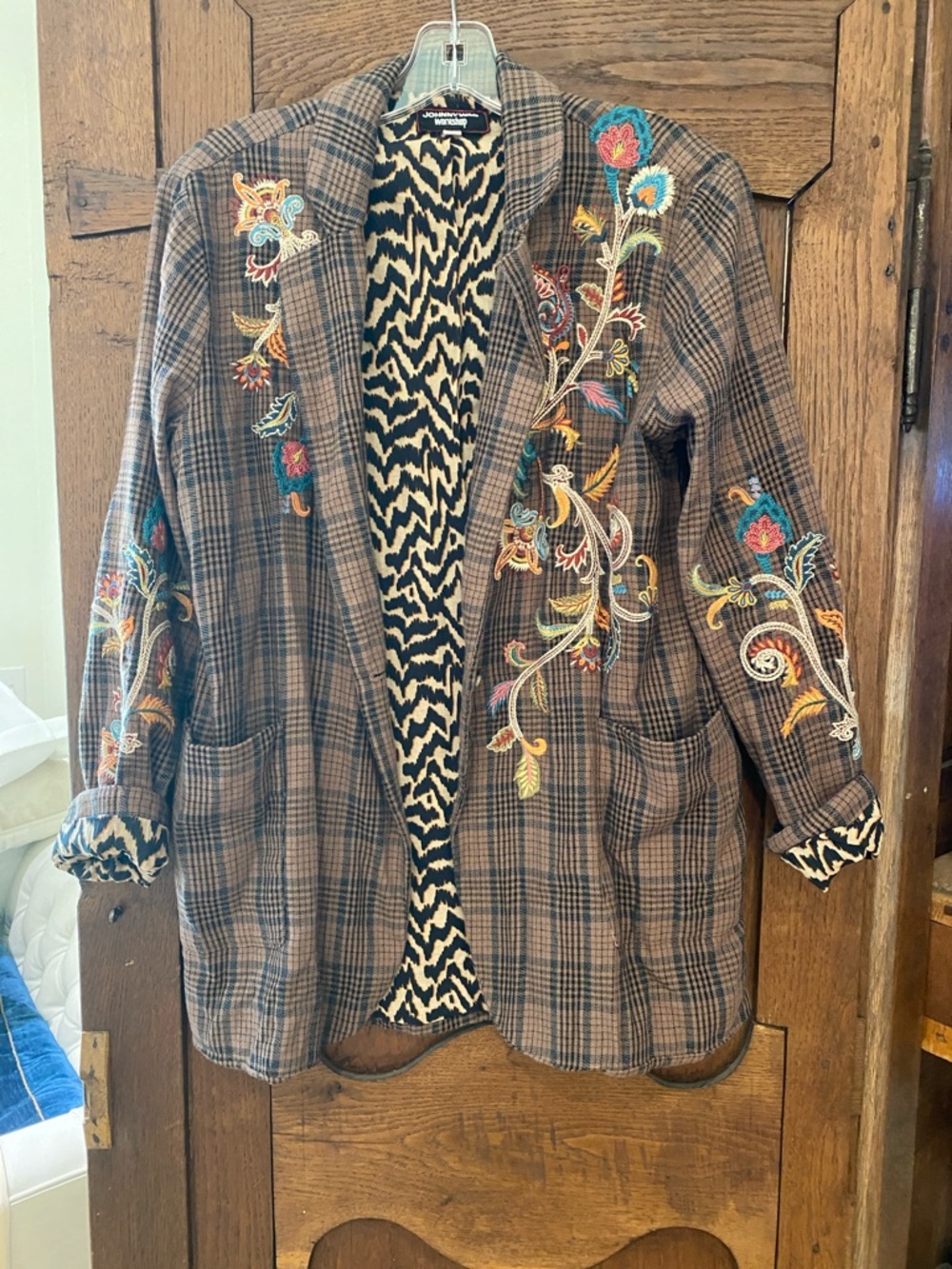Johnny Was Factory Embroidered Plaid Coatigan - Brown Multi Sz small